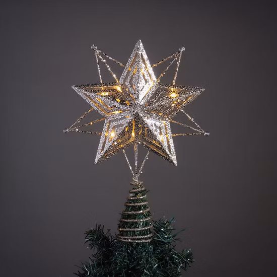 Ornamento decorativo oco dourado pingentes estrela árvore de Natal topper com luz LED